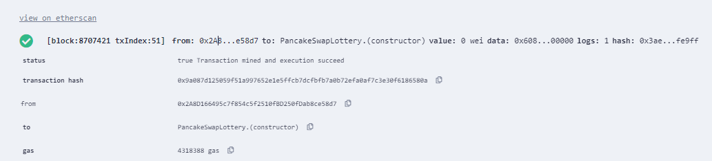 info about transaction where we deployed the pancakeswap lottery contract