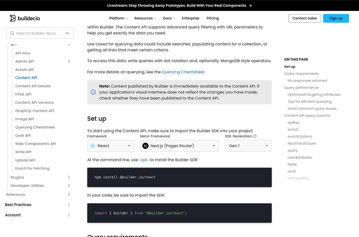Builder.io Content API documentation page captured 2026-05-08 at 1440 by 950. Sidebar lists API surface, main column shows Set up, framework selector, Next.js Pages Router selector, Gen 1 selector, and npm install command.