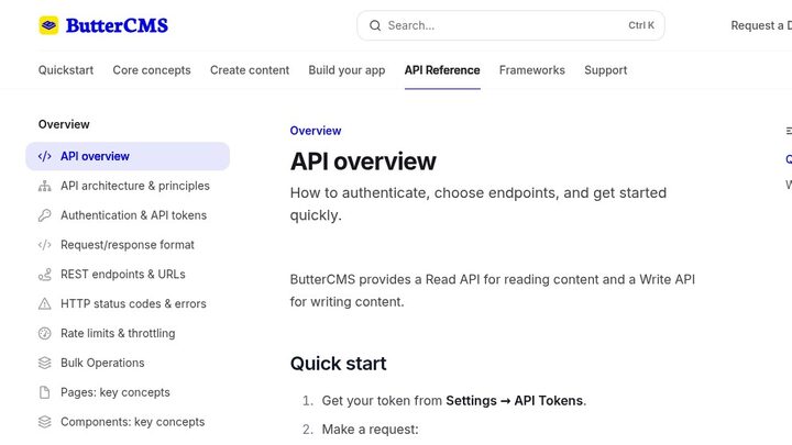 ButterCMS API docs on 2026-05-07. Left sidebar lists API overview, API architecture & principles, Authentication & API tokens, Request/response format, REST endpoints & URLs, HTTP status codes & errors, Rate limits & throttling, Bulk Operations, Pages: key concepts, Components: key concepts.