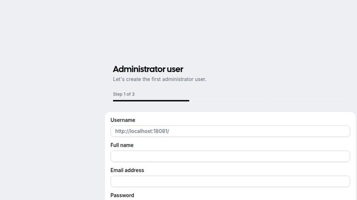 Cal.com Administrator user setup — Step 1 of 3 — username, full name, email, password fields