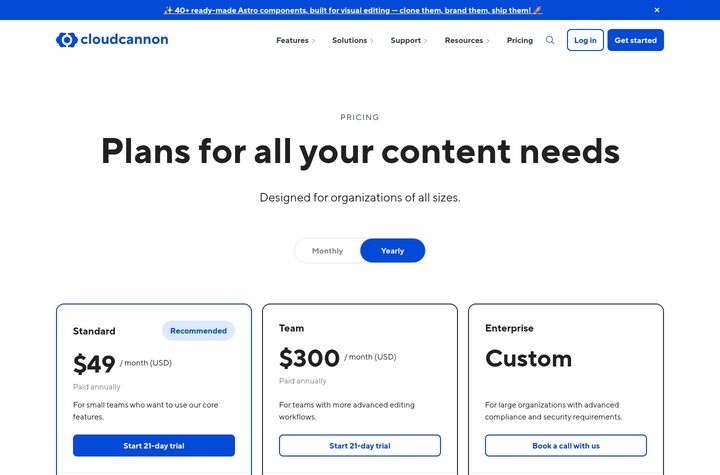 CloudCannon pricing page — heading 'Plans for all your content needs', subhead 'Designed for organizations of all sizes', Monthly/Yearly toggle with Yearly highlighted blue