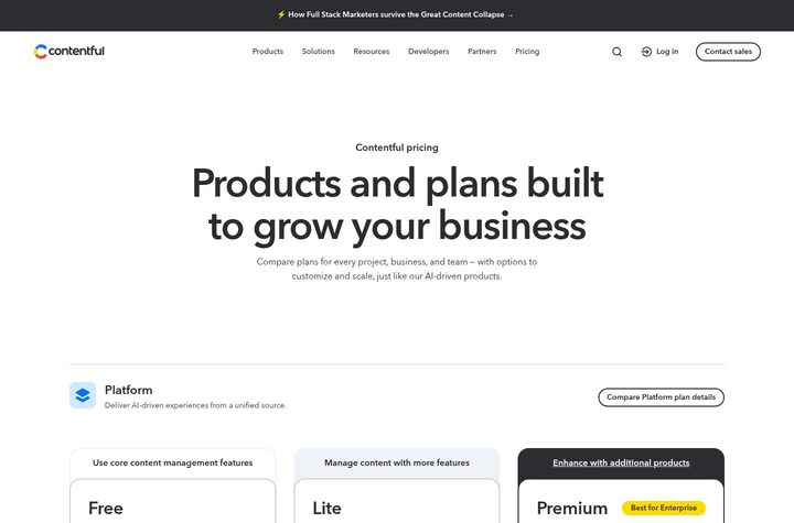 Contentful pricing page on 2026-05-07: 'Products and plans built to grow your business' headline, sub-heading 'Compare plans for every project, business, and team', captured from www.contentful.com/pricing