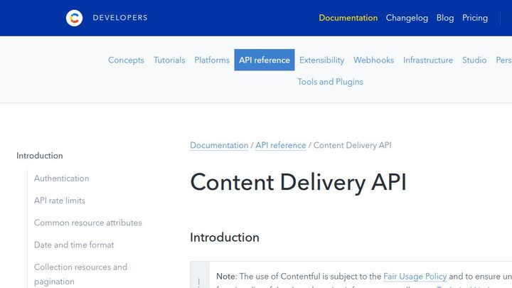 Contentful Content Delivery API reference page captured 2026-05-07. Shows breadcrumb 'Documentation / API reference / Content Delivery API', section headings for Authentication, API rate limits, Common resource attributes, and a Fair Usage Policy note.