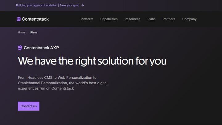 Contentstack pricing page on 2026-05-07: dark background, headline 'We have the right solution for you', single 'Contact us' button, no numbers anywhere