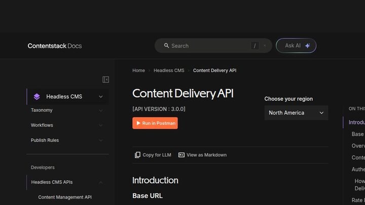 Contentstack Content Delivery API reference page captured 2026-05-07. Shows API VERSION 3.0.0, 'Run in Postman' button, 'Copy for LLM' and 'View as Markdown' buttons, and an 'Ask AI' button in the top-right.