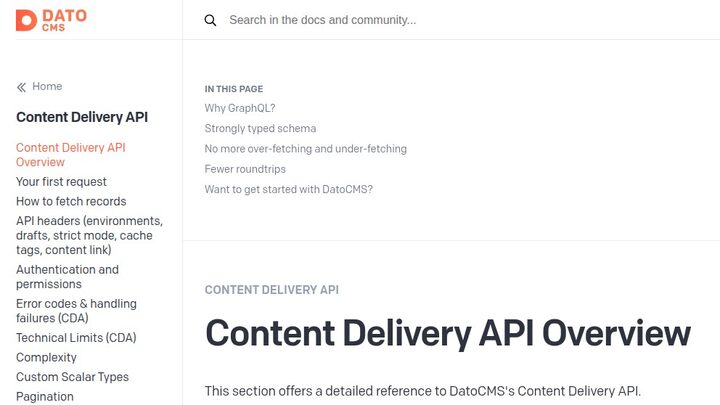 DatoCMS Content Delivery API documentation page captured 2026-05-07: left sidebar lists 'Content Delivery API Overview', 'Your first request', 'How to fetch records', 'API headers', 'Authentication and permissions', 'Error codes & handling failures', 'Technical Limits', 'Complexity', 'Custom Scalar Types', 'Pagination'.