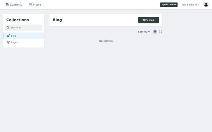 Decap CMS admin dashboard — left sidebar lists Blog and Pages collections, main panel shows Blog with No Entries and a New Blog button, top right shows Test Backend label and Quick add