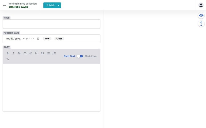 Decap CMS new entry editor — empty Title, empty Publish Date, Body section with Rich Text/Markdown toggle, top toolbar showing CHANGES SAVED