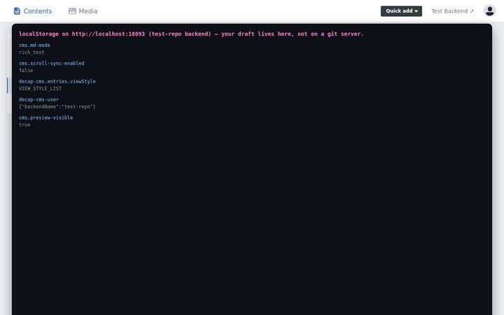 DevTools-style overlay showing localStorage keys — cms.md-mode, cms.scroll-sync-enabled, decap-cms.entries.viewStyle, decap-cms-user with backendName test-repo, cms.preview-visible