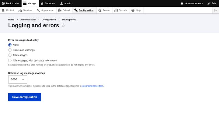 Drupal 11 Logging and errors configuration screen showing error message display options and database log retention.