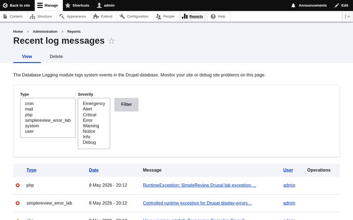 Drupal 11 Recent log messages screen showing a PHP RuntimeException and a custom simplereview_error_lab log entry.