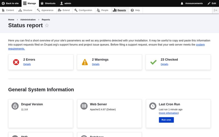 Drupal 11.3.8 Status report screen showing errors, warnings, checked items, Drupal version, web server, and last cron run.