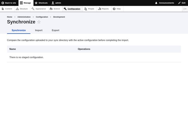 Drupal 11 Configuration synchronization screen captured in Docker, showing no staged configuration changes.