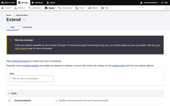 Drupal 11 Extend modules screen captured in Docker on May 8, 2026, with the admin toolbar and module list visible.