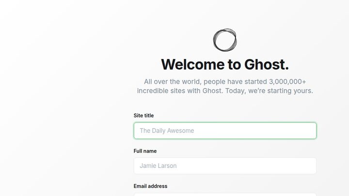 Ghost admin setup — Welcome screen with Site title field focused, full name and email below