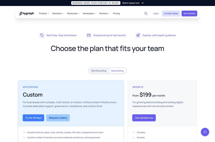 Hygraph pricing page captured 2026-05-07. Headline 'Choose the plan that fits your team', three sub-pills 'Start free, stay free forever' / 'Simple pricing for fast results' / 'Explore, with extras', Monthly/Yearly billing toggle.