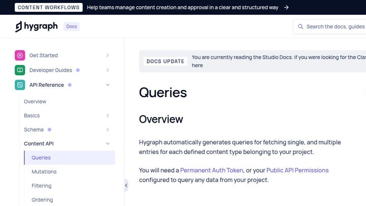 Hygraph docs page captured 2026-05-07. Sidebar shows Get Started, Developer Guides, API Reference (expanded with Overview / Basics / Schema / Content API). Top banner reads 'DOCS UPDATE — You are currently reading the Studio Docs. If you were looking for the Classic UI docs, you can find them here.'