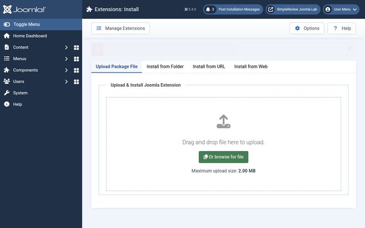 Joomla 5.4.5 administrator Extensions Install screen with Upload Package File selected