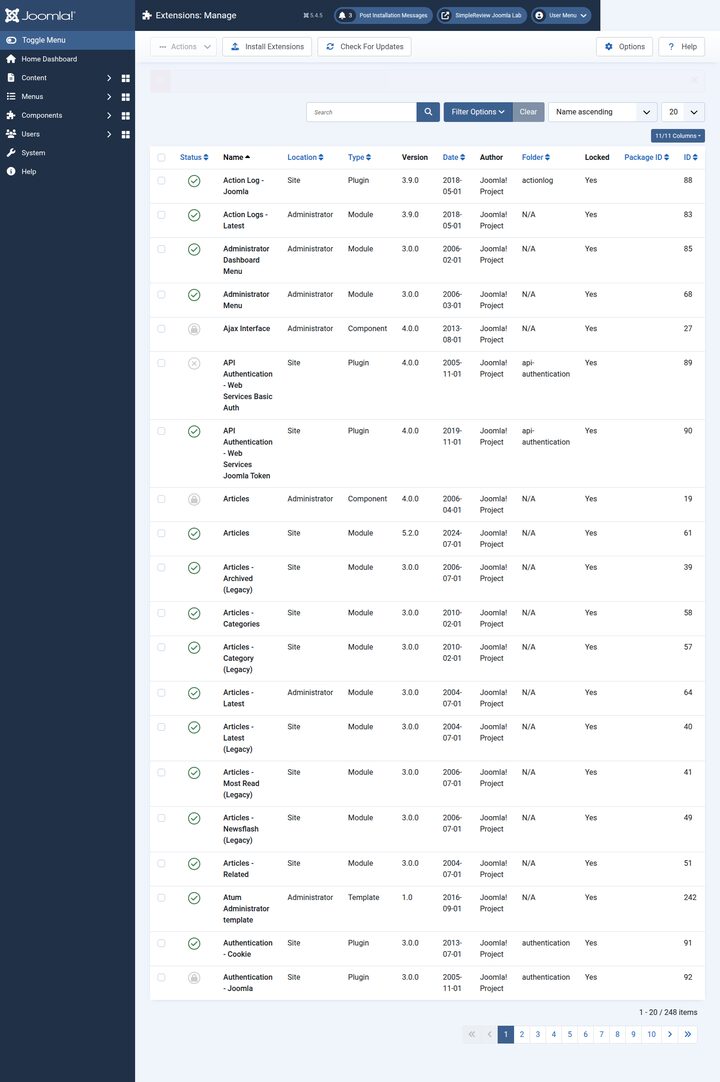 Joomla 5.4.5 administrator Extensions Manage table with status, name, location, type and version columns