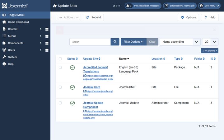 Joomla 5.4.5 administrator Update Sites table showing Joomla core and language update XML URLs