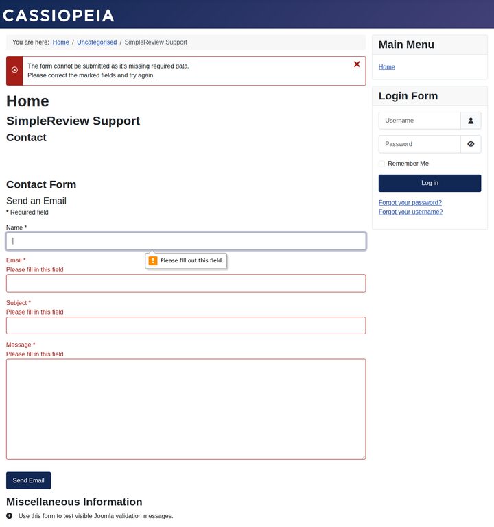 Joomla 5.4.5 Cassiopeia contact form showing required field validation errors