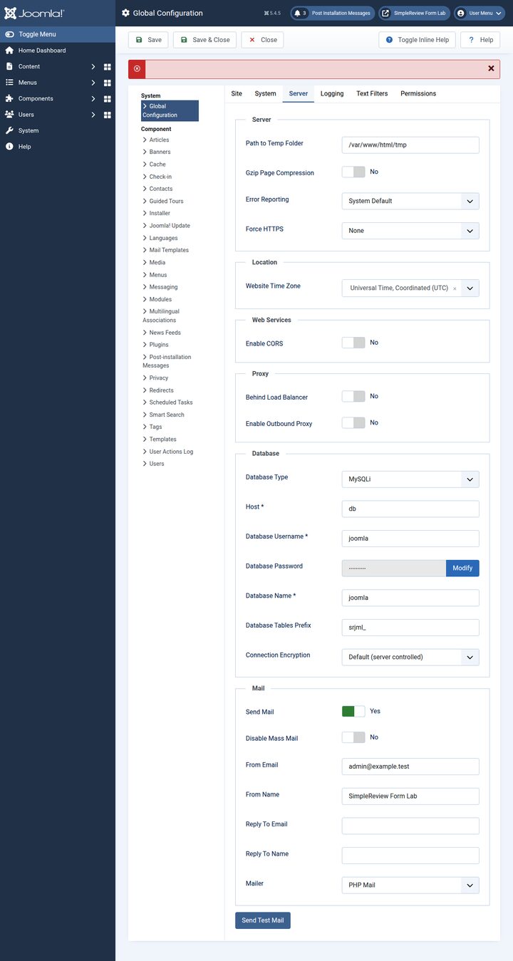 Joomla 5.4.5 Global Configuration Server tab showing Error Reporting setting