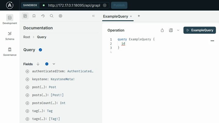 Apollo Sandbox at /api/graphql showing the auto-generated Keystone schema with authenticatedItem, keystone meta, post, posts, postsCount, tag, tags queries