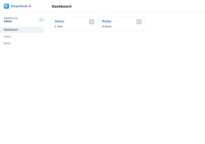 Keystone 6 dashboard, signed in as Admin, showing Users (1 item) and Posts (0 items) cards in the main panel and Dashboard, Users, Posts in the left sidebar