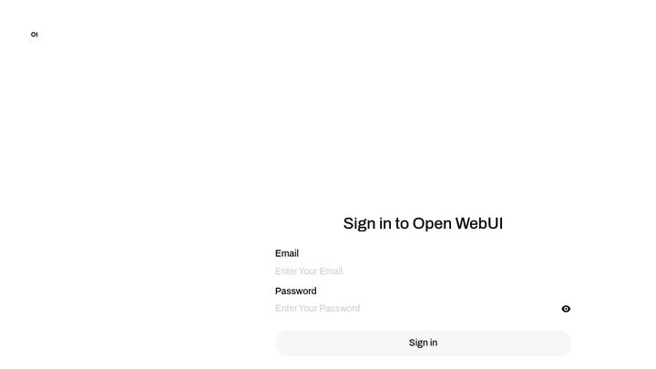 Open WebUI sign-in page on a fresh install — empty form, OI logo top-left