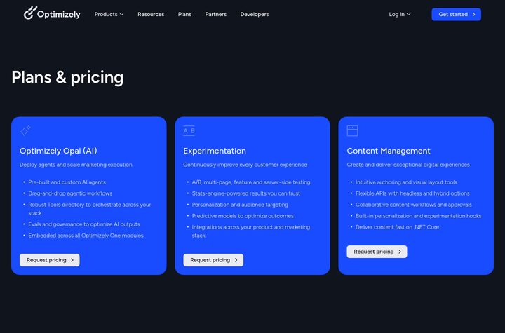 Optimizely Plans page captured 2026-05-08. Top nav: Optimizely logo, Products, Resources, Plans, Partners, Developers, Log in. Page H1 'Plans & pricing' on dark hero. Three product cards visible side by side: Optimizely Opal (AI), Experimentation, and Content Management, each with a Request pricing button.