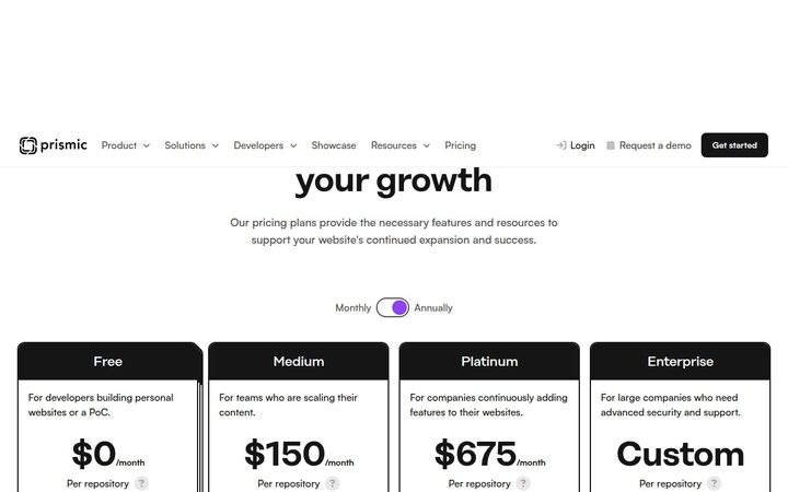 Prismic pricing page captured 2026-05-07 — four plans: Free $0, Medium $150/month, Platinum $675/month, Enterprise Custom