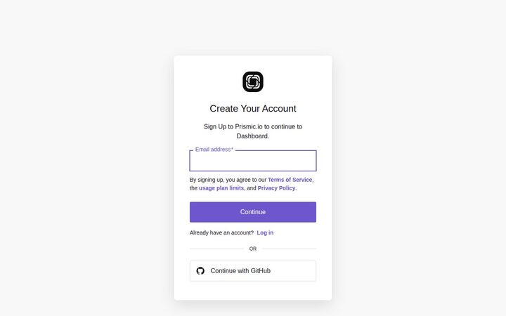 Prismic signup page captured 2026-05-07 — minimal form: email address field, Continue button, 'Continue with GitHub' option below the OR divider