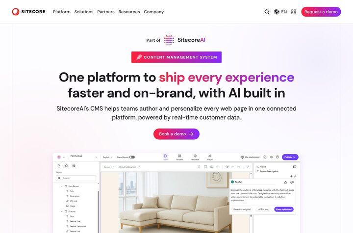 Sitecore XM Cloud product page captured 2026-05-07. 'Part of SitecoreAI' badge above headline. Hero text: 'One platform to ship every experience faster and on-brand, with AI built-in.' Single visible CTA: 'Book a demo' with arrow. No pricing visible.