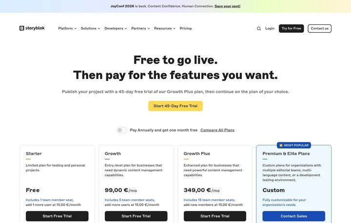 Storyblok pricing page captured 2026-05-08 at 1440 by 915: headline says 'Free to go live. Then pay for the features you want.' with a 'Start 45-Day Free Trial' button and four plan cards visible