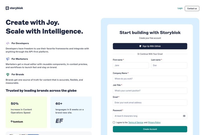 Storyblok signup page captured 2026-05-08 at 1440 by 950: Sign Up With GitHub, first name, last name, required company name, required job title, email, password, and create-account button