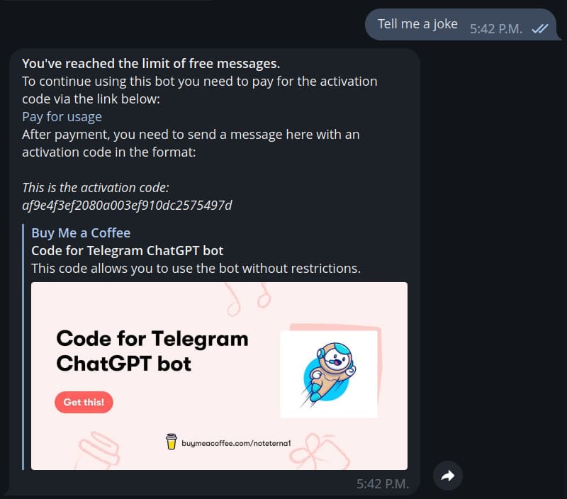 Telegram bot interface of requested payment