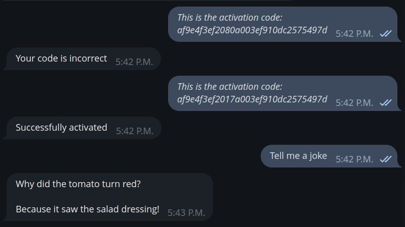 Telegram bot interface with an activation code validation