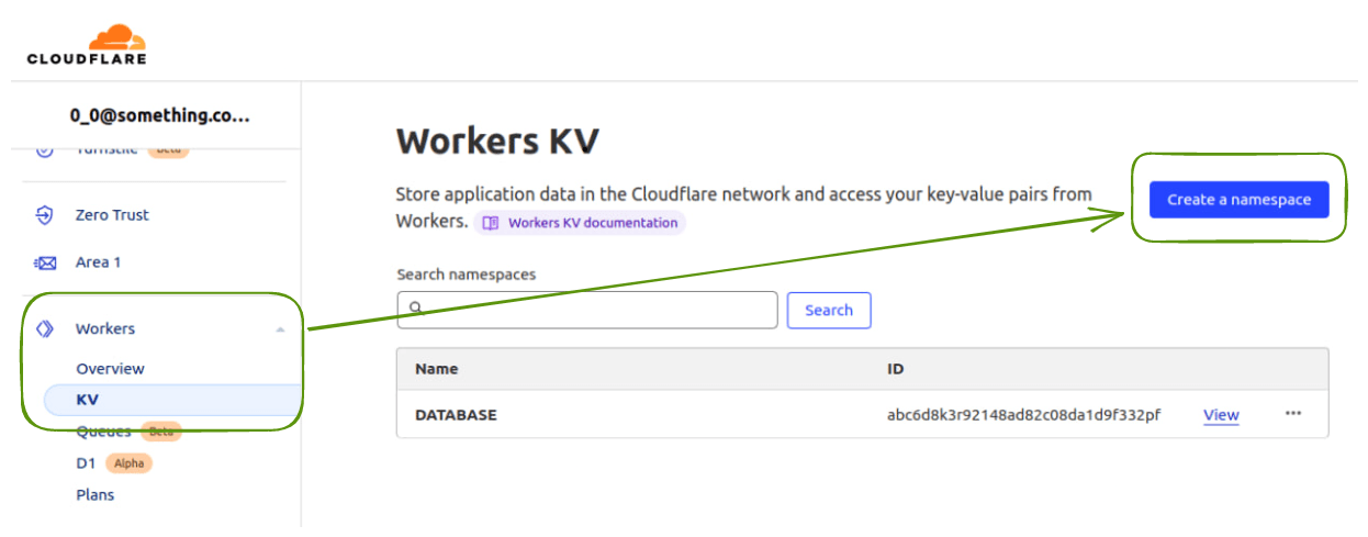 Interface of Cloudflare dashboard with highlighted options for KV creation