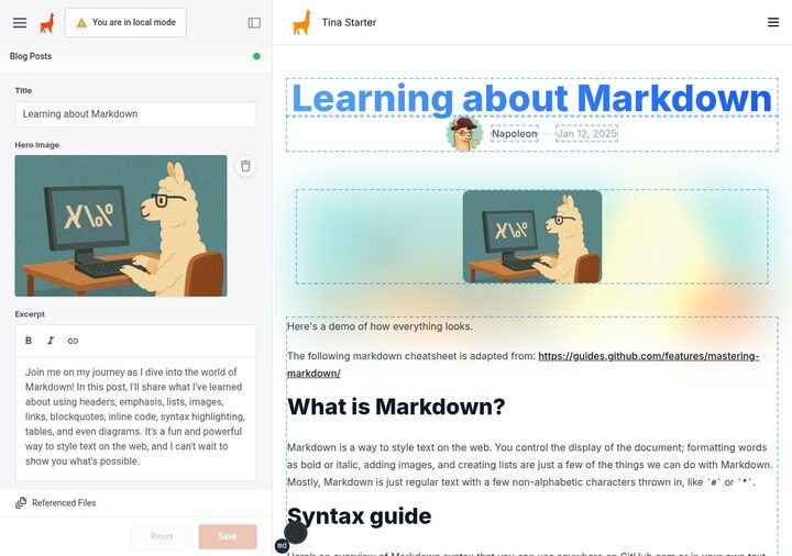 TinaCMS visual editor with left sidebar showing Title input set to 'Learning about Markdown', Hero Image with a llama drawing, Excerpt rich-text field with markdown content, Reset and Save buttons greyed out, and right pane showing the live-rendered article with hero image, byline, and 'What is Markdown?' heading.