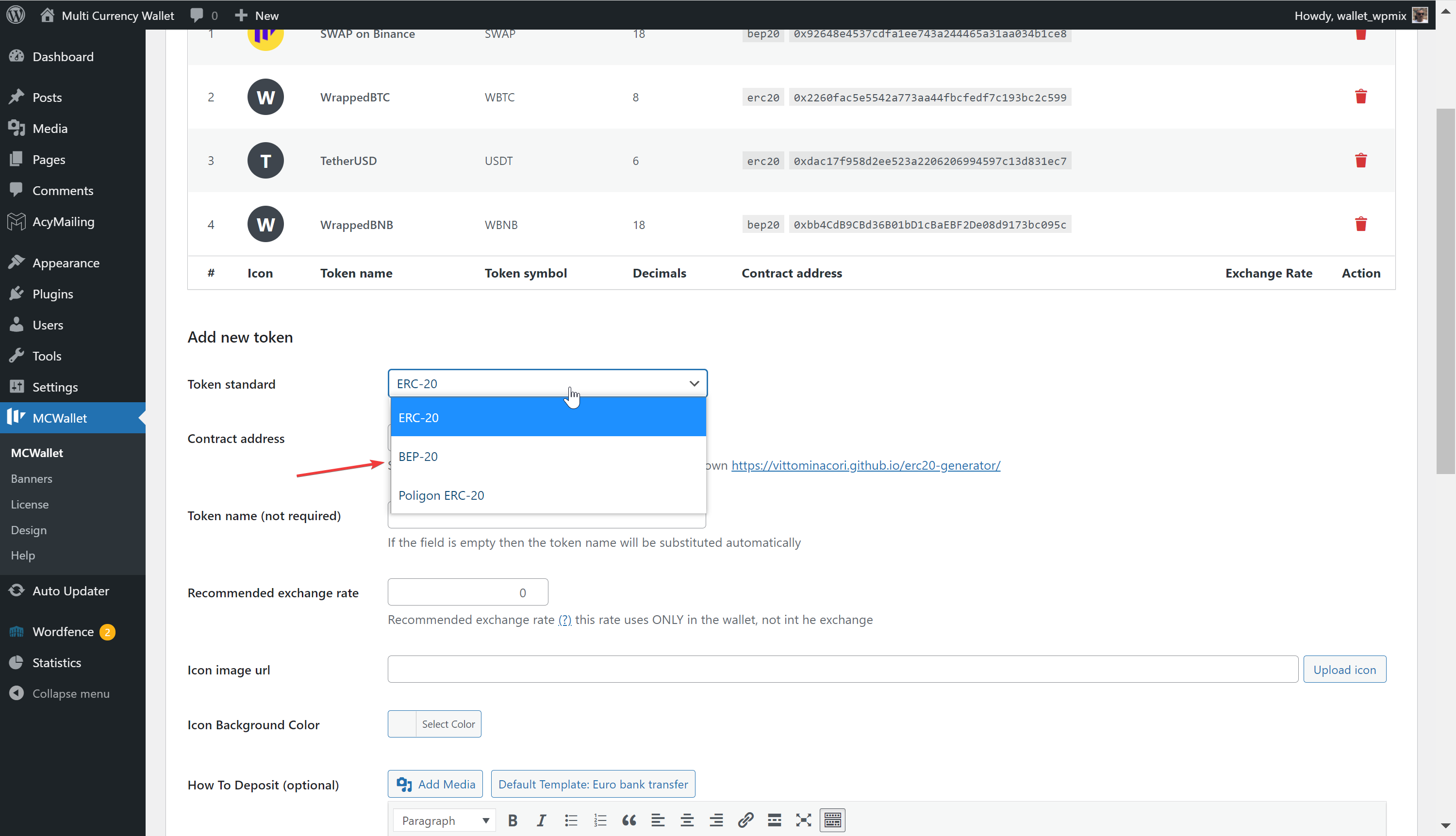 Tokens standards in admin panel demo screen